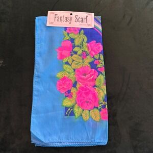 Fantasy Scarf Blue Pink Floral‎ Rose Square 28x28 Nylon Made in Japan 09931